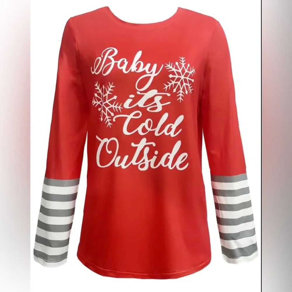 Woman’s Christmas “Baby it’s Cold Outside” striped sleeves Top. Size: Various - Picture 6 of 7